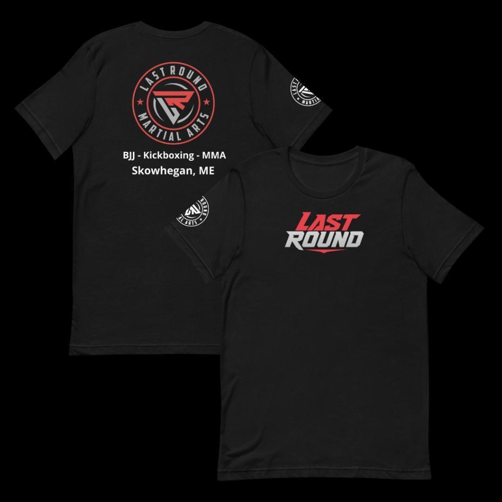 Last Round Martial Arts black t-shirt, front and back view